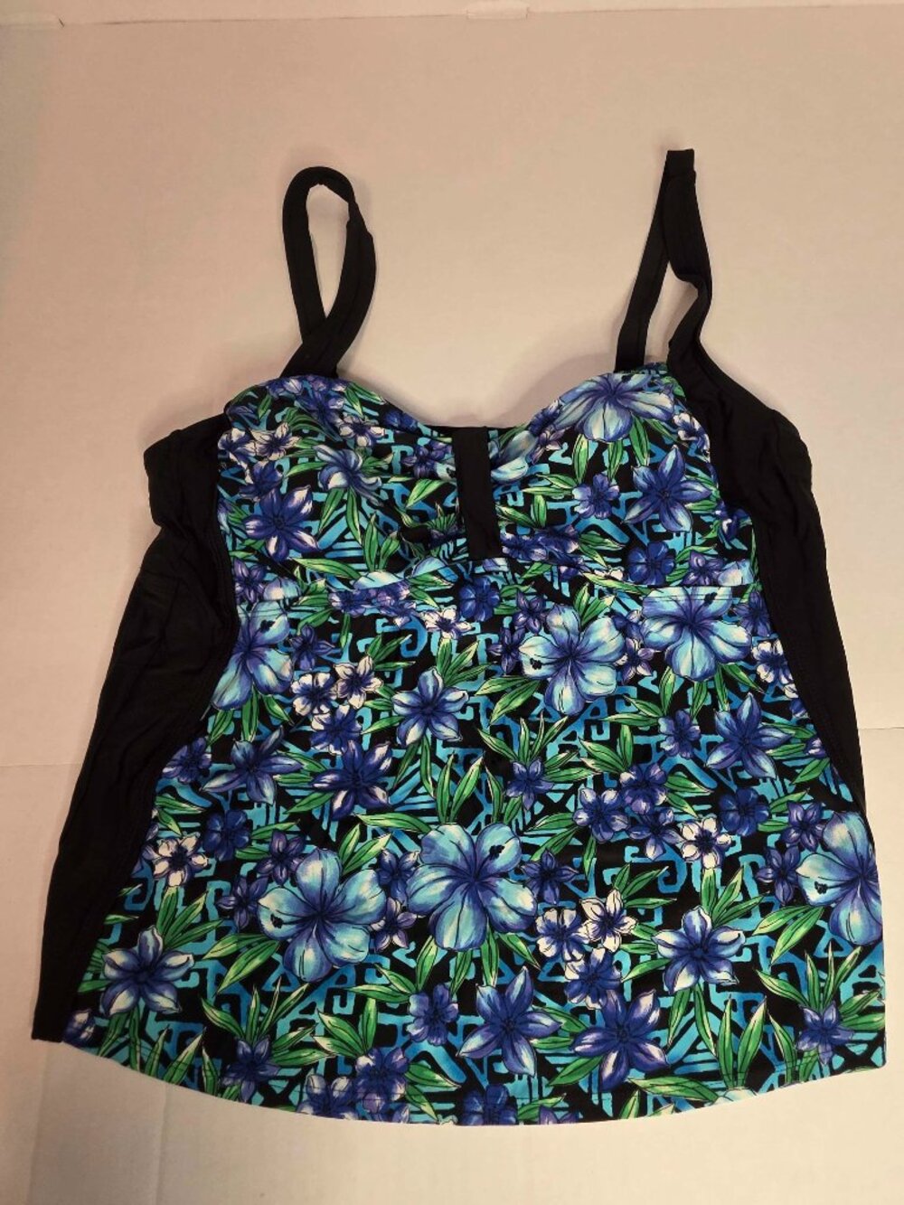 Caribbean Joe 18W Blue Green Floral Tankini Swim Top Black